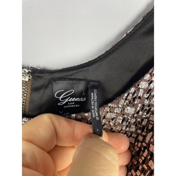 Guess Los Angeles, Size 1, Brown & Metallic Ruffle Mini Dress, Y2K, Shift, EUC - Picture 3 of 7